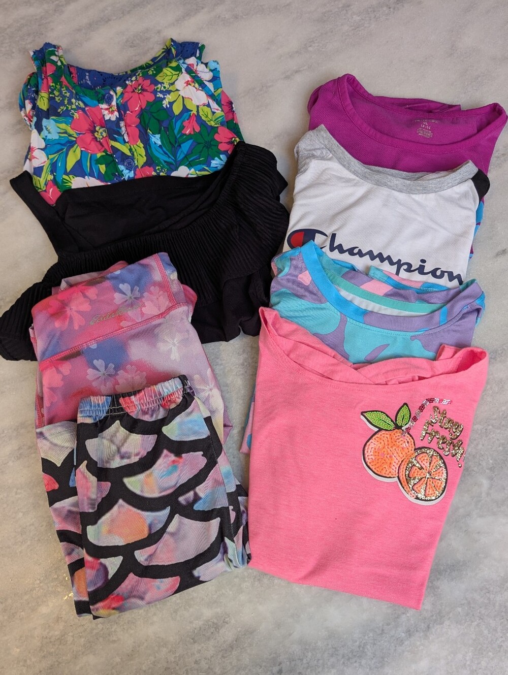 Girls Bundle of clothes with leggings, shirts, tank, and romper